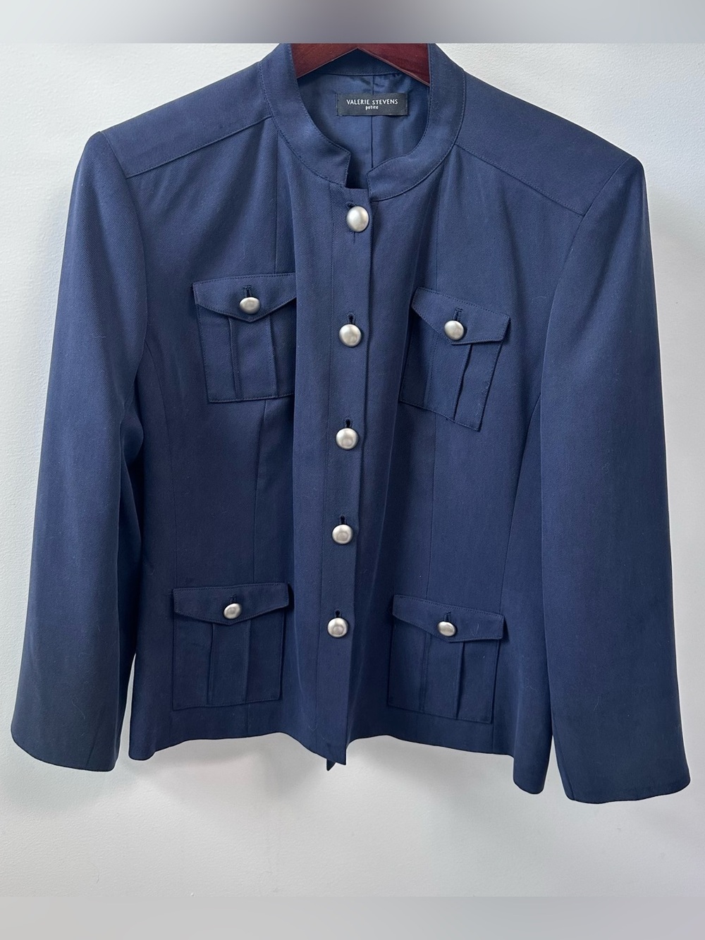 Valerie Stevens Petite Navy Blue Jacket Military Pockets 100% Silk Woman’s 14P